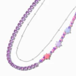 Purple Star Beaded Silver-tone Chain Multi-Strand Necklace
