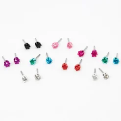 Rainbow Crystal 3mm Round Mixed Stud Earrings - 9 Pack