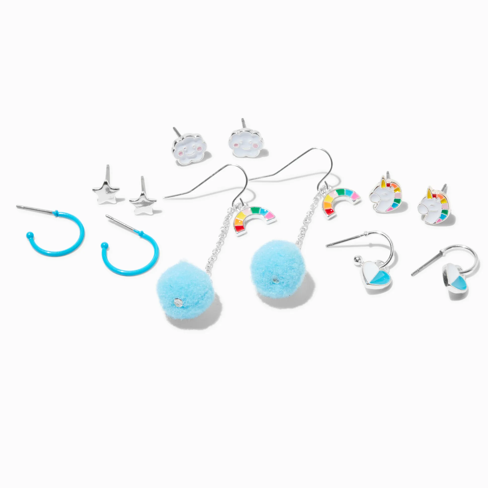 Rainbow Unicorn Pom Pom Earrings Set - 6 Pack