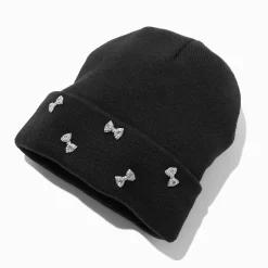Rhinestone Bow Black Beanie Hat