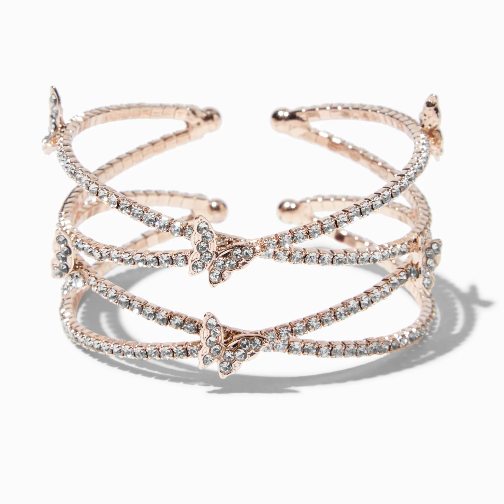Rhinestone Butterfly Rose Gold-tone Criss Cross Cuff Bracelet