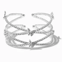 Rhinestone Butterfly Silver-tone Criss Cross Cuff Bracelet