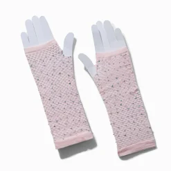 Rhinestone-Studded Pink Fishnet Arm Warmers