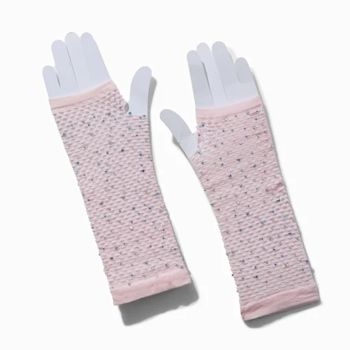 Rhinestone-Studded Pink Fishnet Arm Warmers