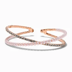 Rose Gold-tone Crystal Blush Pink Pearl Criss Cross Cuff Bracelet