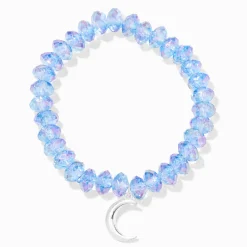 Silver Crescent Moon Blue Beaded Stretch Bracelet
