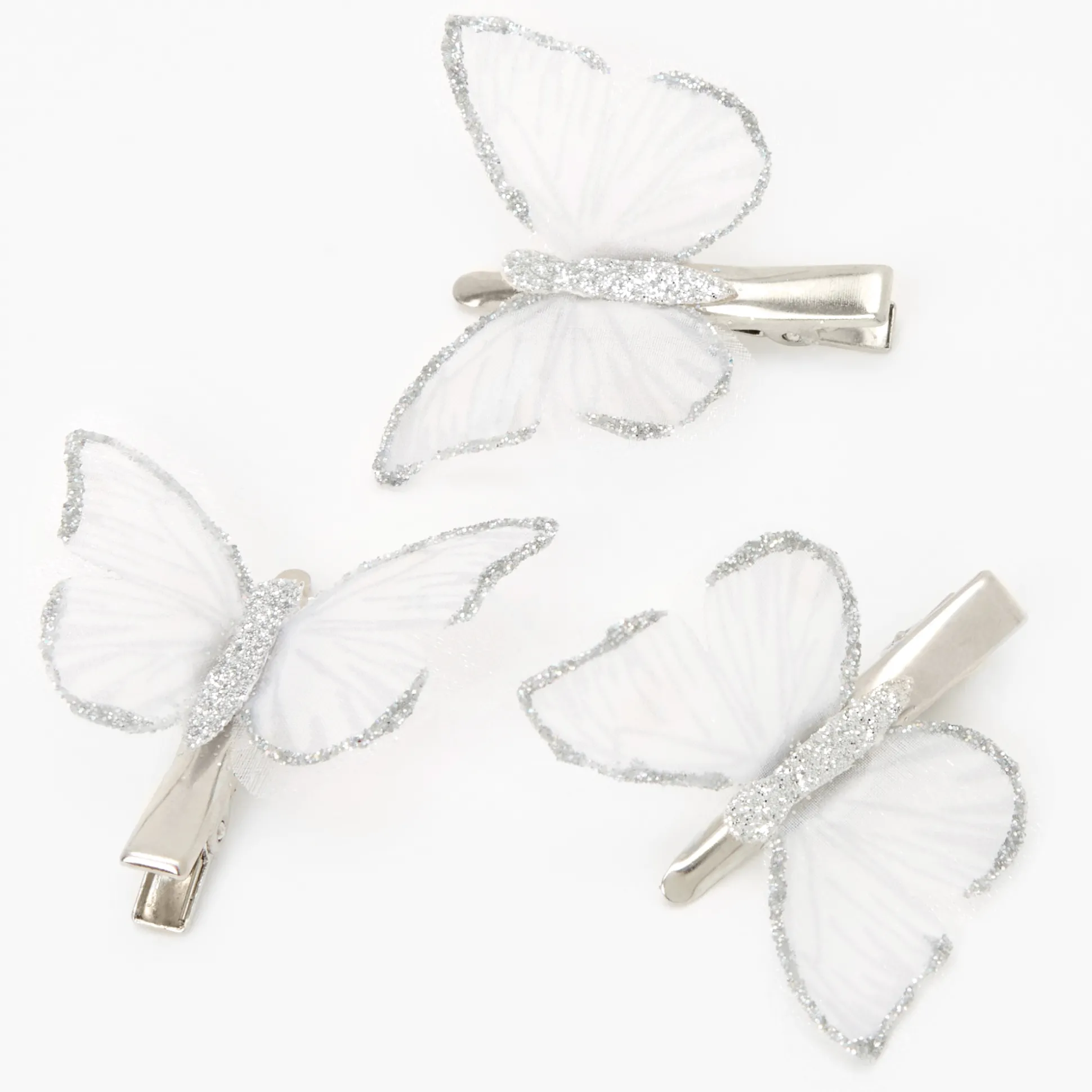 Silver Glitter Butterfly Hair Clips - 3 Pack