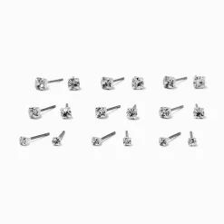 Silver Graduated Crystal Stud Earrings - 9 Pack