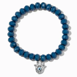 Silver Hamsa Hand Blue Beaded Stretch Bracelet