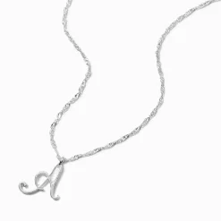 Silver Large Script Initial Pendant Necklace - A