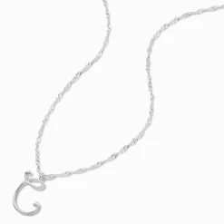 Silver Large Script Initial Pendant Necklace - C