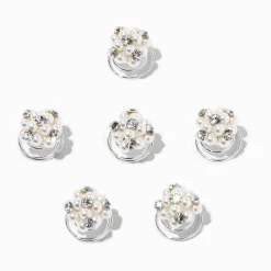 Silver Pearl & Rhinestone Cluster Hair Spinners - 6 Pack