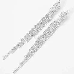 Silver Rhinestone Linear Twisted Fringe 3" Drop Earrings