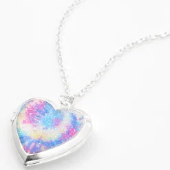 Silver Tie Dye Heart Locket Pendant Necklace