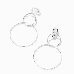 Silver Wire Circles 2'' Clip-On Drop Earrings