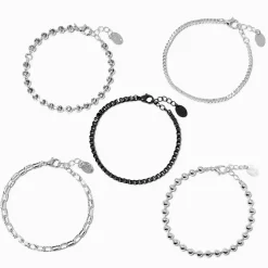Silver-tone & Black Chain Bracelets - 5 Pack