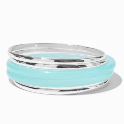 Silver-tone & Turquoise Resin Bangle Bracelets - 5 Pack