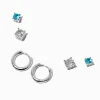 Silver-tone Aqua Cubic Zirconia Earring Stackables Set - 3 Pack
