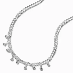 Silver-tone Bezel Crystal Drop Curb Chain Necklace