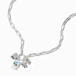 Silver-tone Blue Flower Bow Charm Necklace