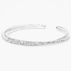 Silver-tone Criss Cross Rhinestone Slim Cuff Bracelet