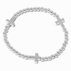 Silver-tone Cross Beaded Stretch Bracelet