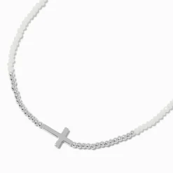 Silver-tone Cross Seed Bead Pendant Necklace