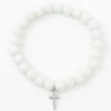 Silver-tone Cross White Beaded Stretch Bracelet