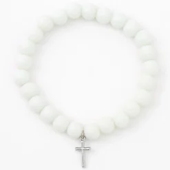 Silver-tone Cross White Beaded Stretch Bracelet