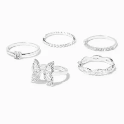 Silver-tone Crystal Butterfly Rings - 5 Pack