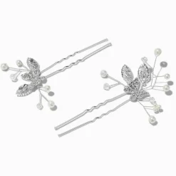 Silver-tone Crystal Butterfly & Pearl Spray Hair Pins - 2 Pack