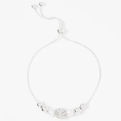 Silver-tone Crystal Fireball & Pearl Bolo Bracelet