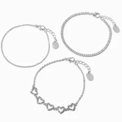 Silver-tone Crystal Heart Bracelet Set - 3 Pack