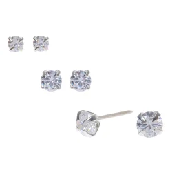 Silver-tone Cubic Zirconia 3mm, 4mm, & 5mm Round Stud Earrings - 3 Pack