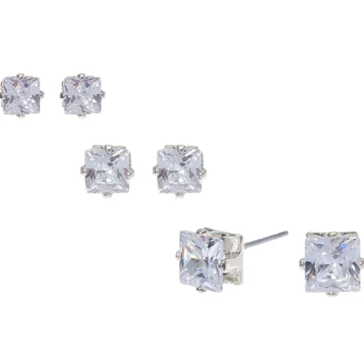 Silver-tone Cubic Zirconia 3mm, 4mm, & 5mm Square Stud Earrings - 3 Pack