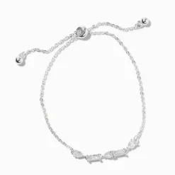 Silver-tone Cubic Zirconia Mixed Geometric Bolo Bracelet