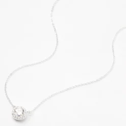 Silver-tone Cubic Zirconia Round Halo Pendant Necklace