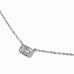 Silver-tone Cubic Zirconia Rectangular Pendant Necklace