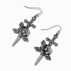 Silver-tone Dagger & Rose Drop Earrings