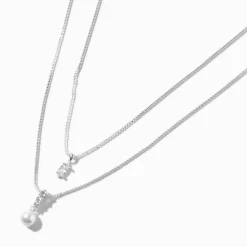 Silver-tone Double Cubic Zirconia & Pearl Multi-Strand Necklace