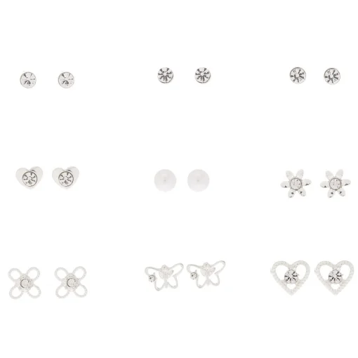 Silver-tone Embellished Spring Mix Stud Earrings - 9 Pack