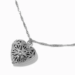 Silver-tone Filigree Heart Locket Pendant Necklace
