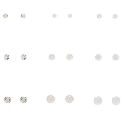 Silver-tone Graduated Crystal Pearl Stud Earrings - 9 Pack