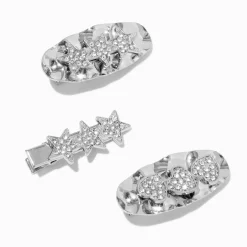 Silver-tone Hammered Star & Hearts Hair Clips - 3 Pack