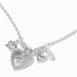 Silver-tone Heart & Daisy Charm Cluster Pendant Necklace