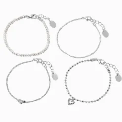 Silver-tone Heart & Pearl Chain Bracelets - 4 Pack