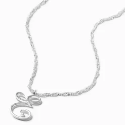 Silver-tone Large Script Initial Pendant Necklace - E
