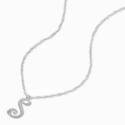 Silver-tone Large Script Initial Pendant Necklace - S