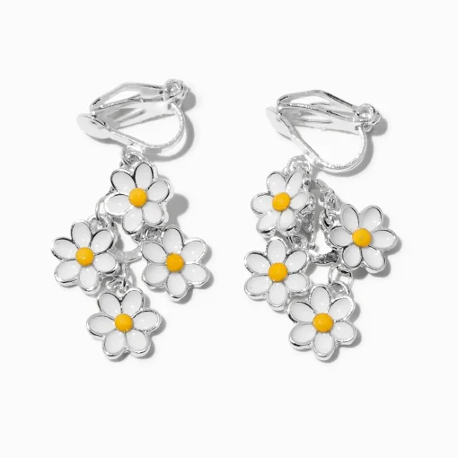 Silver-tone Linear Daisy 1" Clip-On Drop Earrings