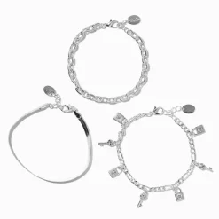 Silver-tone Lock & Key Snake Chain Bracelets - 3 Pack
